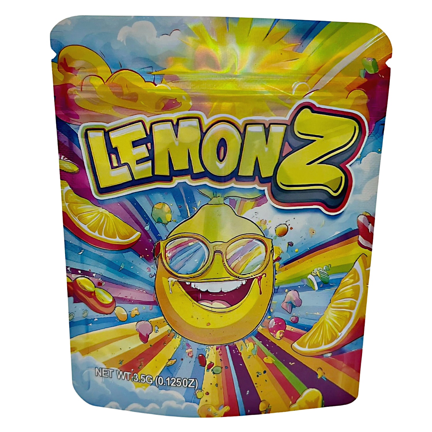3.5G Mylar Bags, herb Mylar Bags, Where to buy mylar bags, Custom mylar bags near me, Mylar Bags Wholesale. Colorful packaging of Lemon Z candy with a lemon character wearing sunglasses.