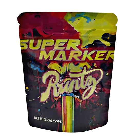 3.5G Mylar Bags, herb Mylar Bags, Where to buy mylar bags, Custom mylar bags near me, Mylar Bags Wholesale. Colorful packaging of Super Marker Runtz with vibrant graphics on a white background