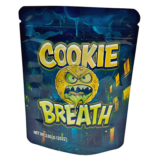Mylar Bags Cookie Breath packaging with a blue background and cartoonish cookie design.