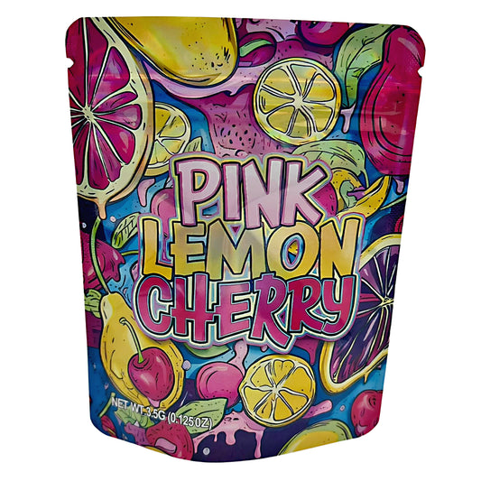 3.5G Mylar Bags, herb Mylar Bags, Where to buy mylar bags, Custom mylar bags near me, Mylar Bags Wholesale. Colorful packaging of 'Pink Lemon Cherry' with fruit illustrations on a white background