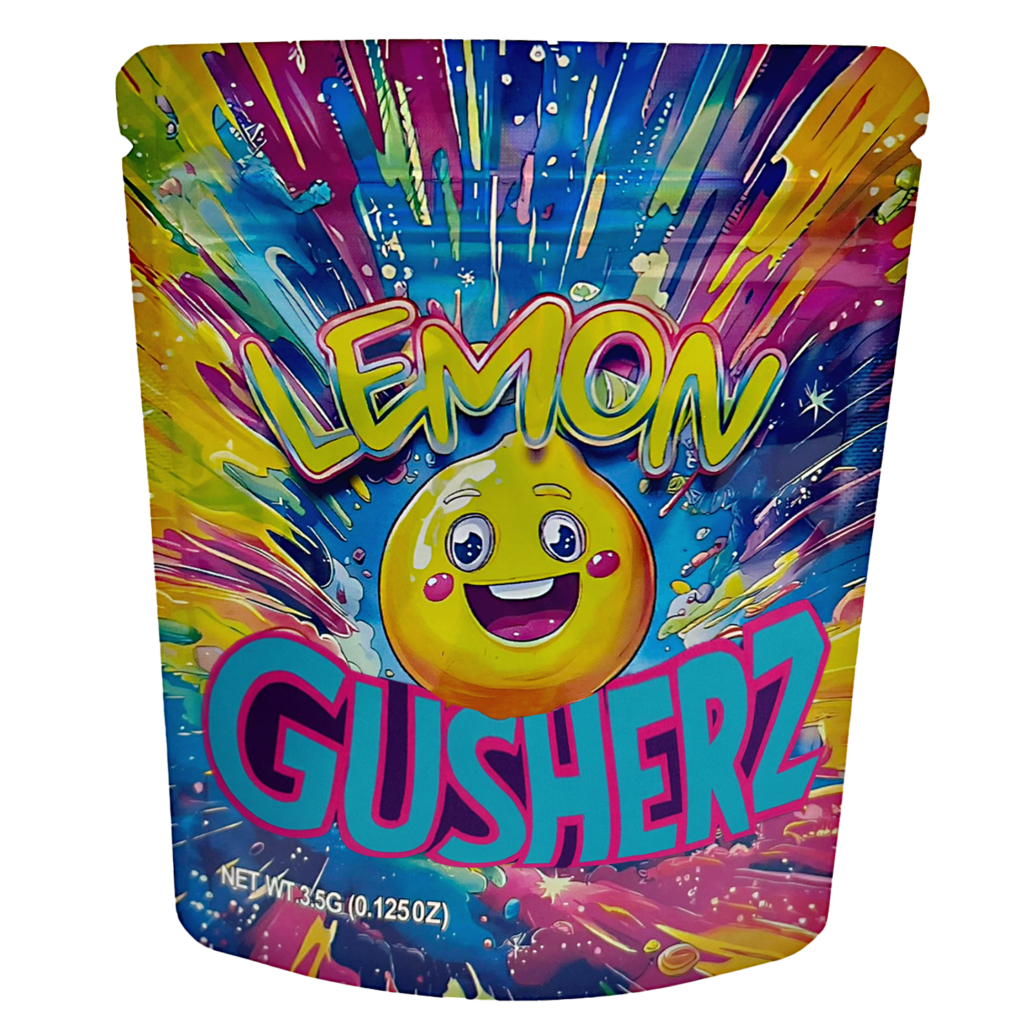 Mylar Bags Colorful packaging of Lemon Gusherz with a lemon character on a white background