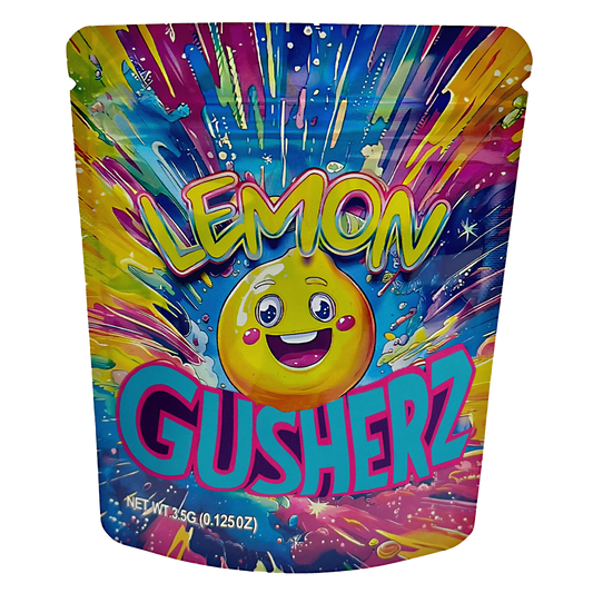 Mylar Bags Colorful packaging of Lemon Gusherz with a lemon character on a white background