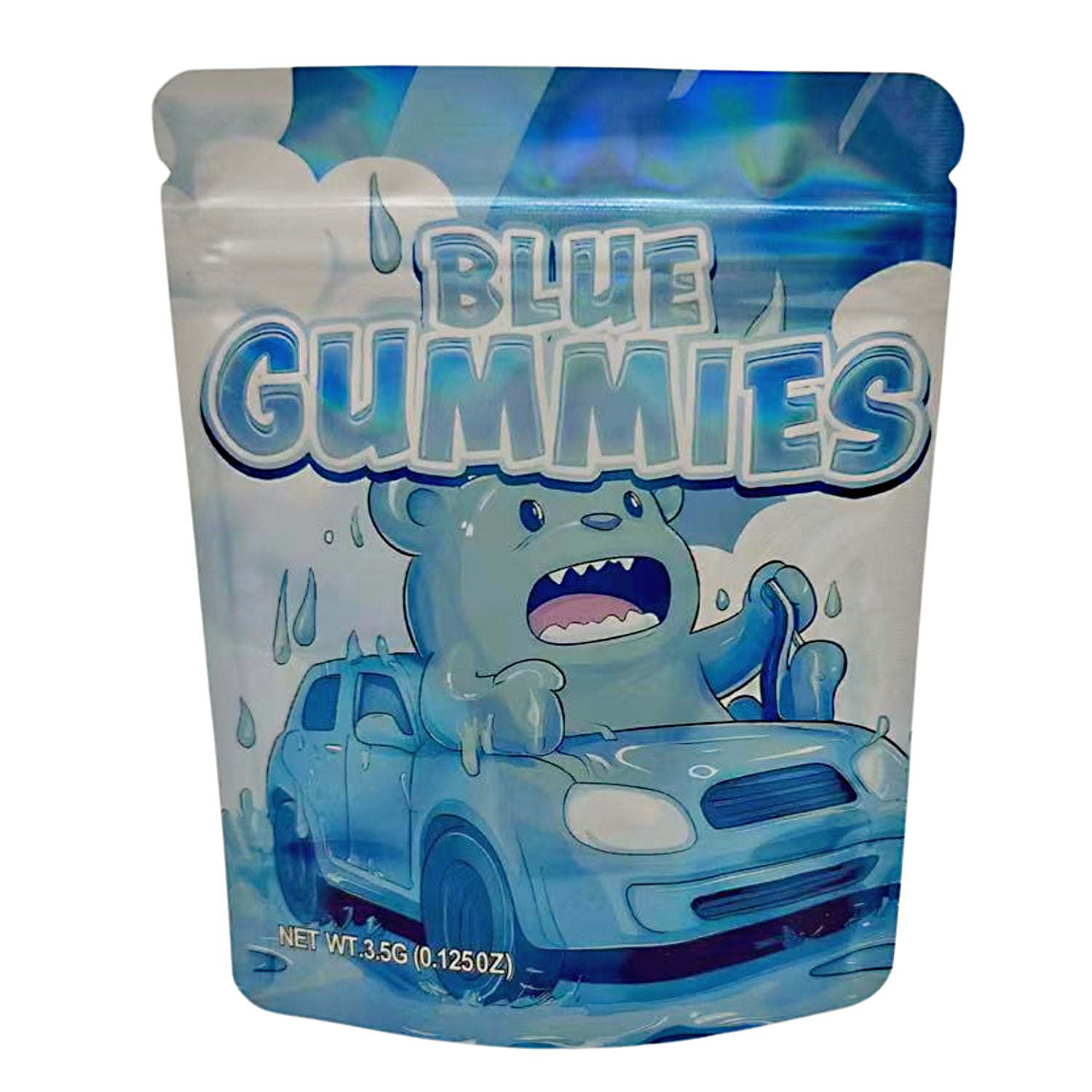 3.5G Mylar Bags, herb Mylar Bags, Where to buy mylar bags, Custom mylar bags near me, Mylar Bags Wholesale. Blue gummies packaging with cartoon character and car illustration on a white background