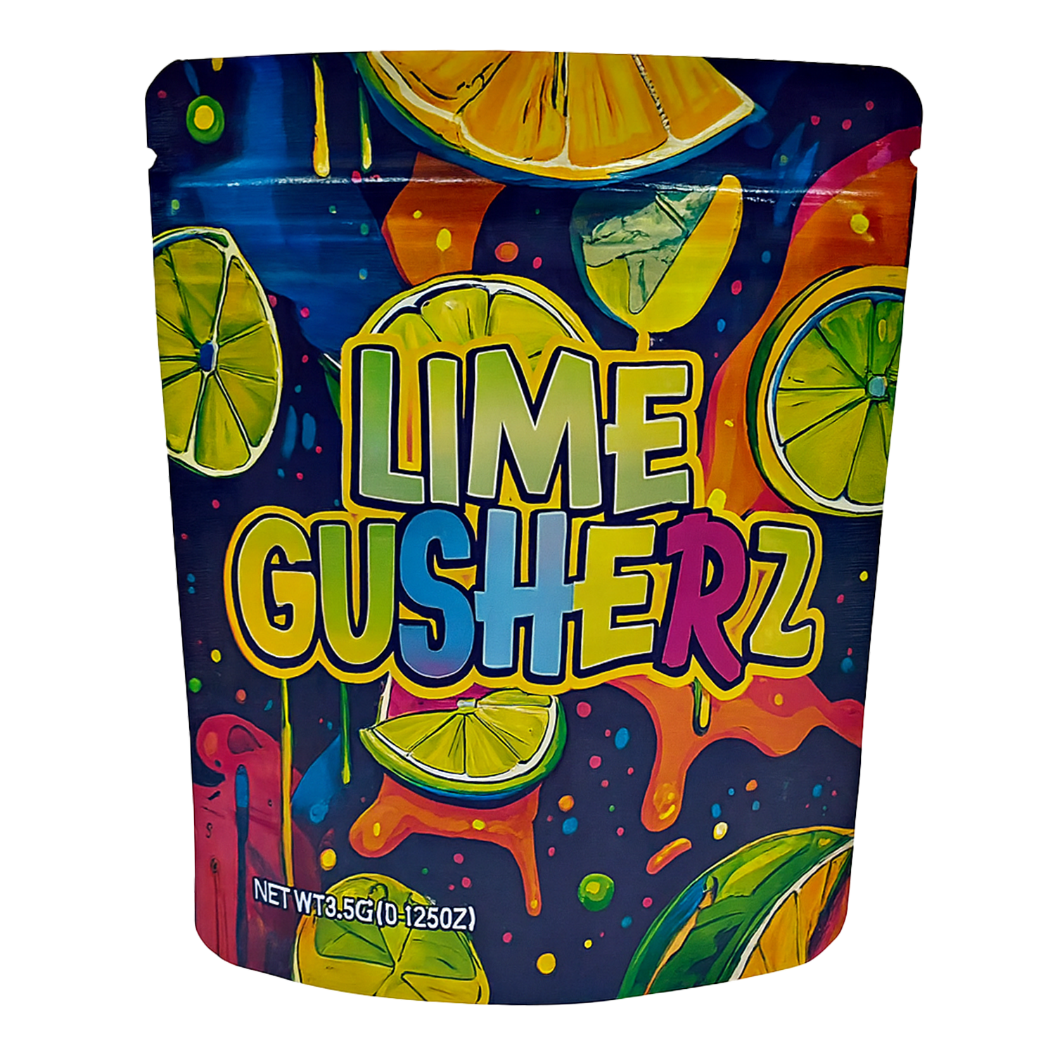 Mylar Bags Colorful packaging of Lime Gusherz with lime slices on a dark blue background