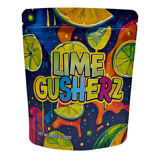Mylar Bags Colorful packaging of Lime Gusherz with lime slices on a dark blue background
