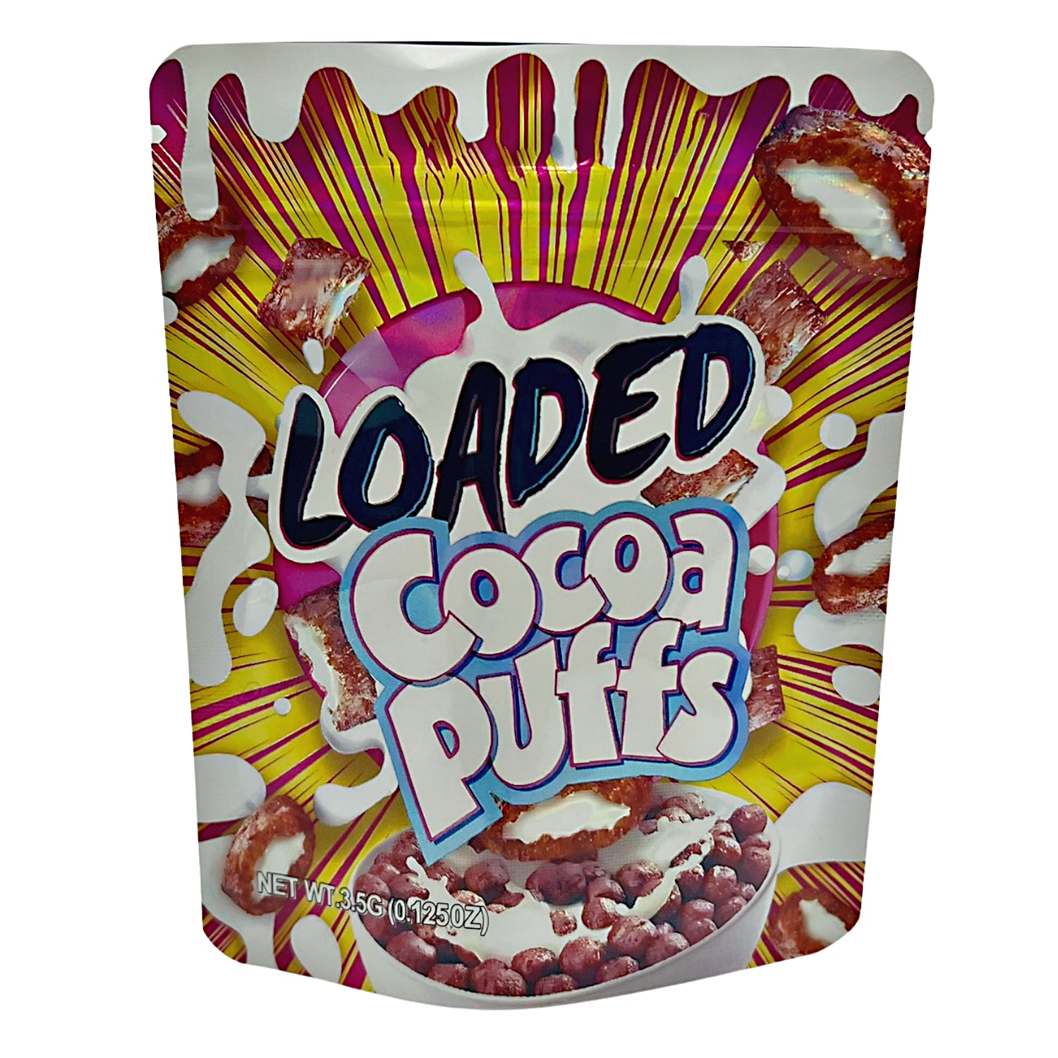 3.5G Mylar Bags, herb Mylar Bags, Where to buy mylar bags, Custom mylar bags near me, Mylar Bags Wholesale. Packaging of Loaded Cocoa Puffs with colorful design on a white background