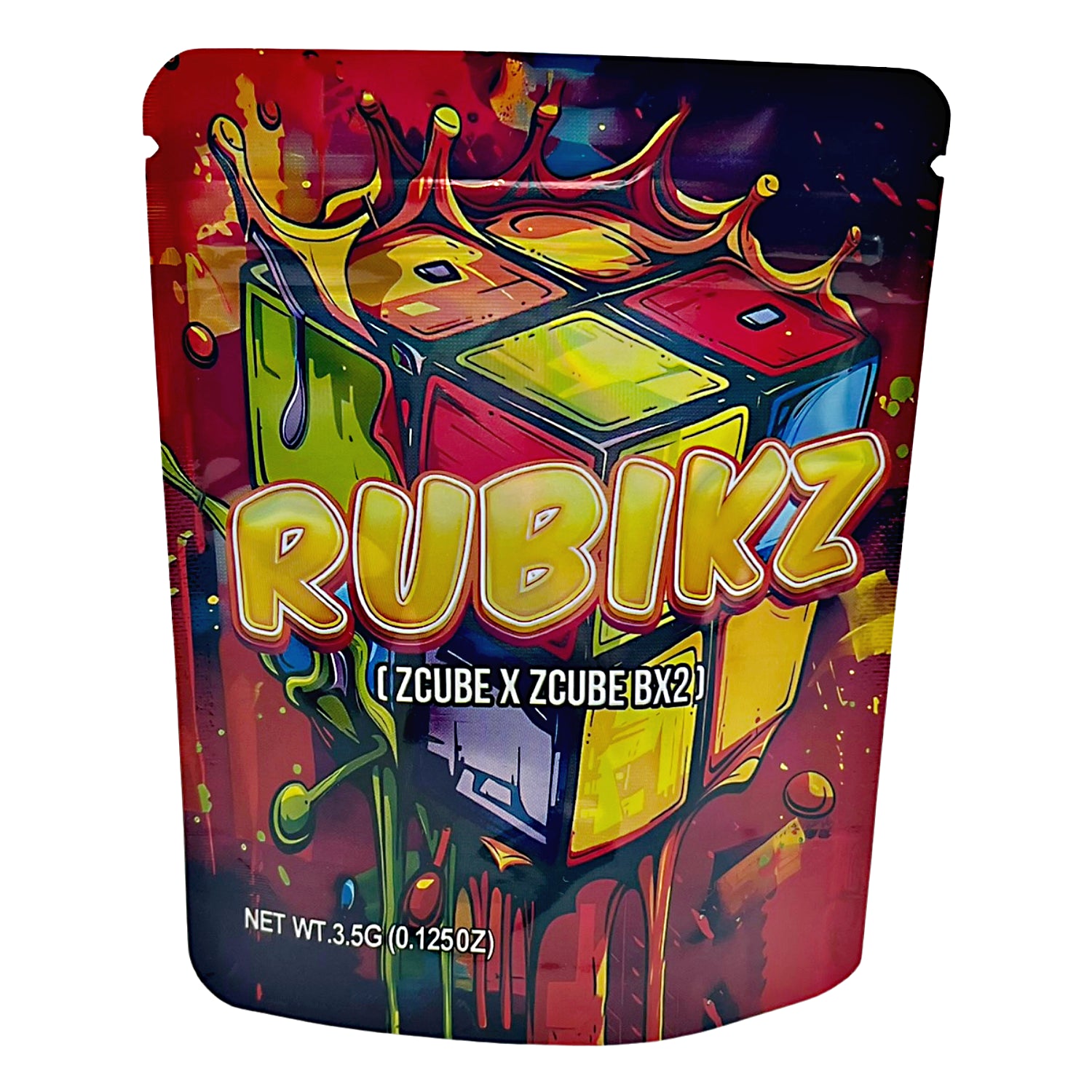 3.5G Mylar Bags, herb Mylar Bags, Where to buy mylar bags, Custom mylar bags near me, Mylar Bags Wholesale. Colorful packaging of Rubikz with a Rubik's Cube design on a white background