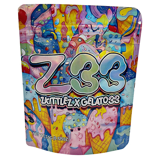 3.5G Mylar Bags, herb Mylar Bags, Where to buy mylar bags, Custom mylar bags near me, Mylar Bags Wholesale. Colorful packaging with 'Z33' branding and ice cream graphics on a white background