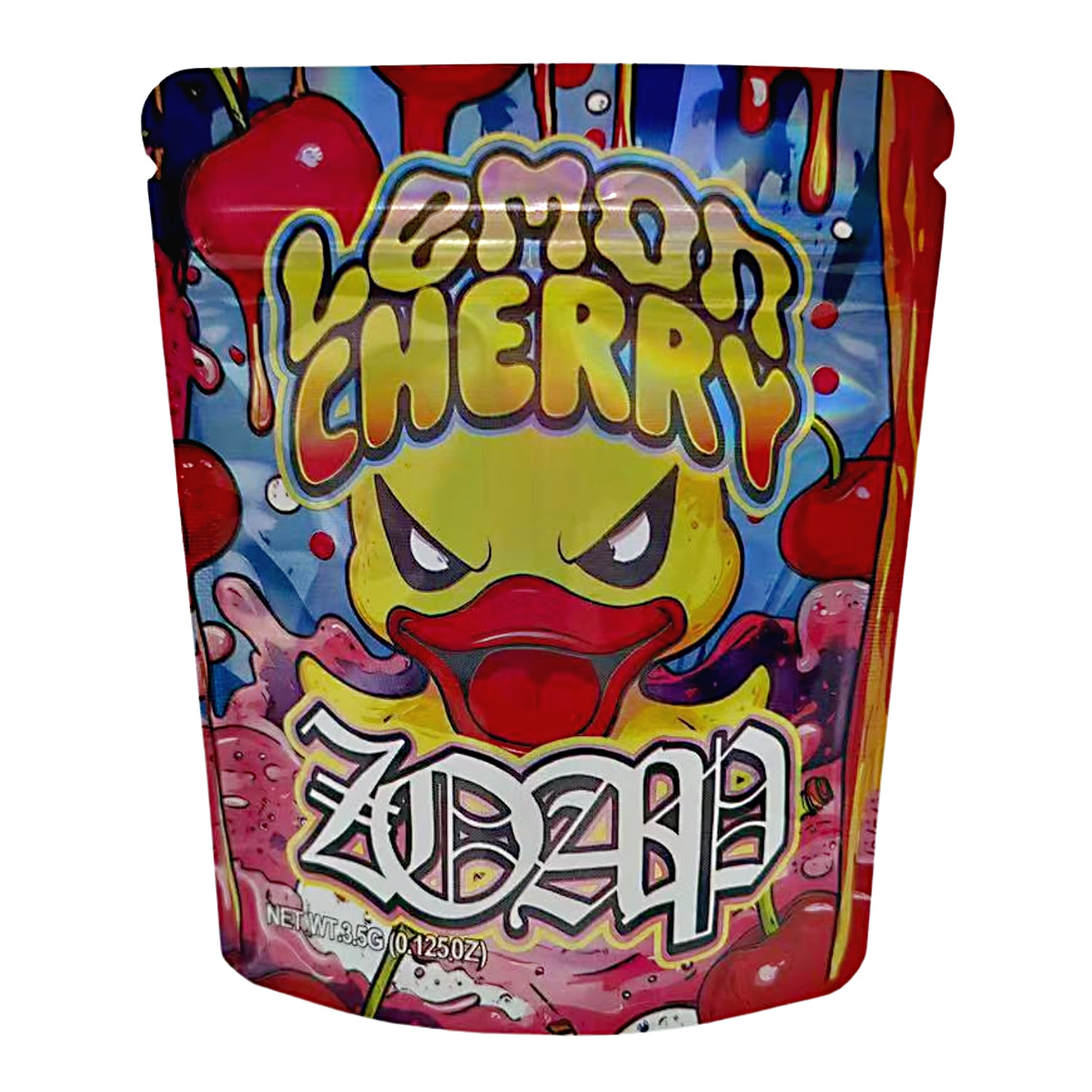 3.5G Mylar Bags, herb Mylar Bags, Where to buy mylar bags, Custom mylar bags near me, Mylar Bags Wholesale. Colorful packaging of Lemon Cherry Zobap with cartoon character on a white background