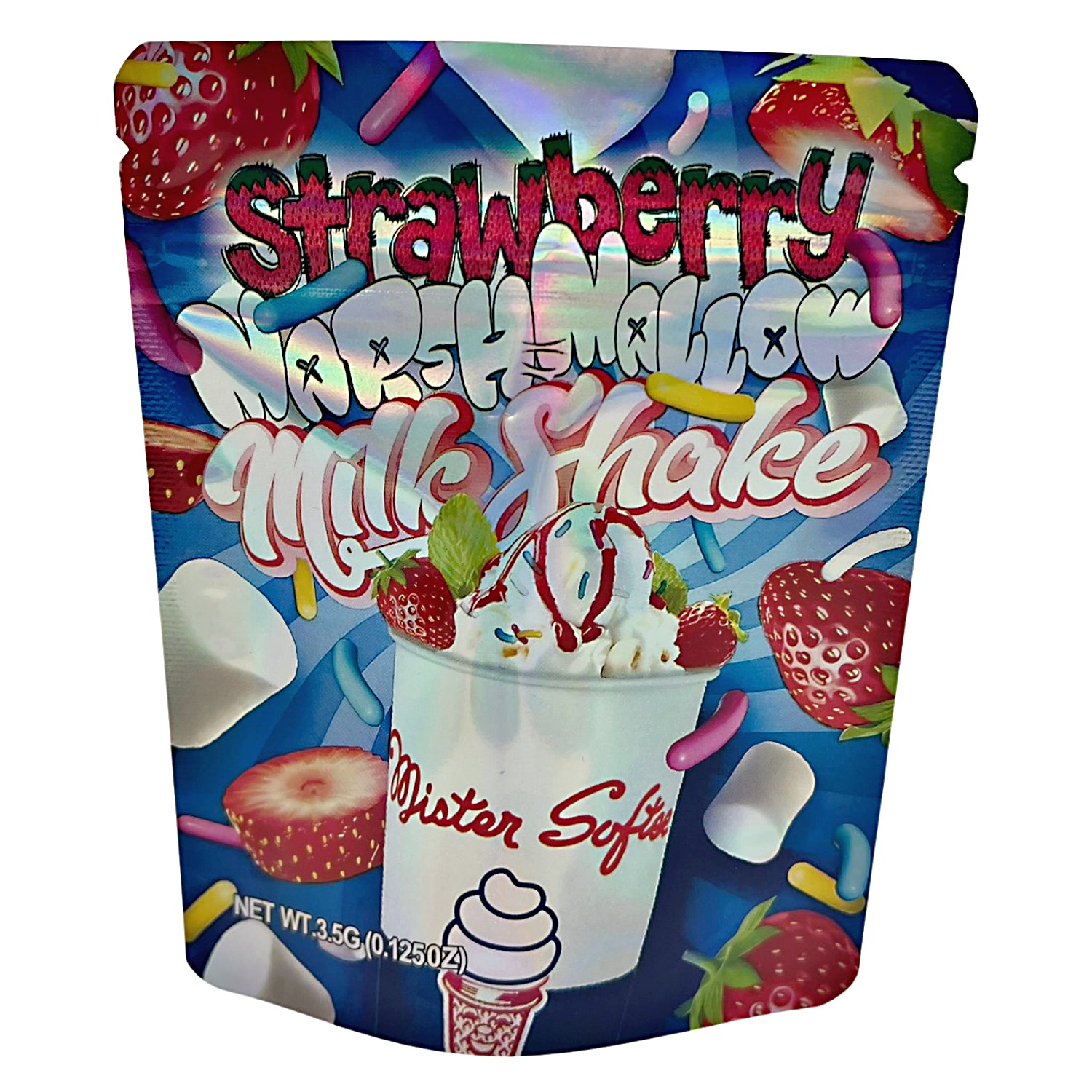 3.5G Mylar Bags, herb Mylar Bags, Where to buy mylar bags, Custom mylar bags near me, Mylar Bags Wholesale. Duster Softee strawberry marshmallow milkshake package with colorful design