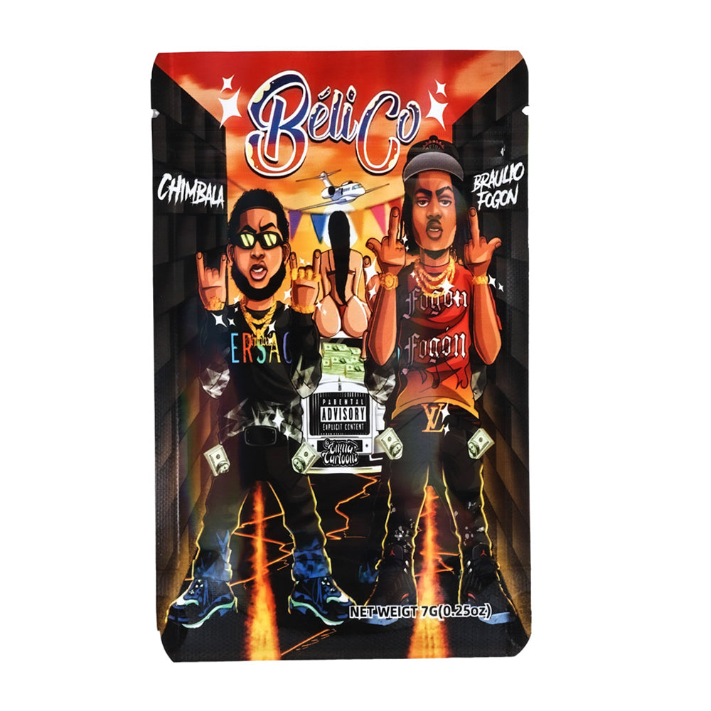 Mylar bag 7g, herb Mylar Bags, Where to buy mylar bags, Custom mylar bags near me, Mylar Bags Wholesale. Product packaging with two individuals and colorful design, featuring the brand 'Beli Co'.