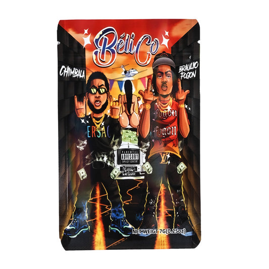 Mylar bag 7g, herb Mylar Bags, Where to buy mylar bags, Custom mylar bags near me, Mylar Bags Wholesale. Product packaging with two individuals and colorful design, featuring the brand 'Beli Co'.