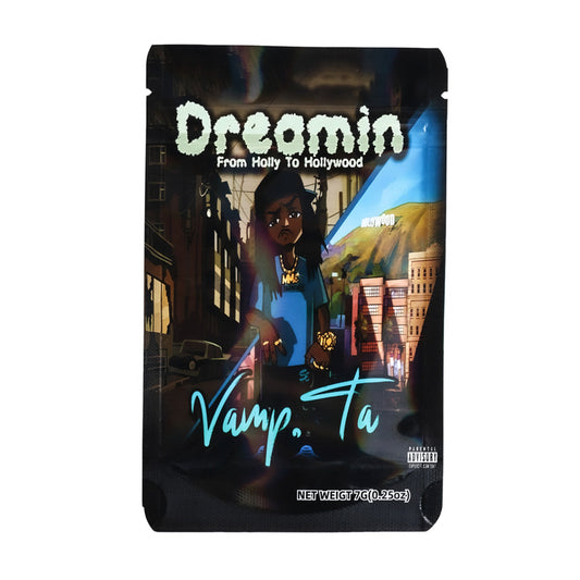 Mylar bag 7g, herb Mylar Bags, Where to buy mylar bags, Custom mylar bags near me, Mylar Bags Wholesale. Product packaging with a stylized illustration of a person and text 'Dreamin From Holly To Hollywood' and 'Vamp. Ta'.
