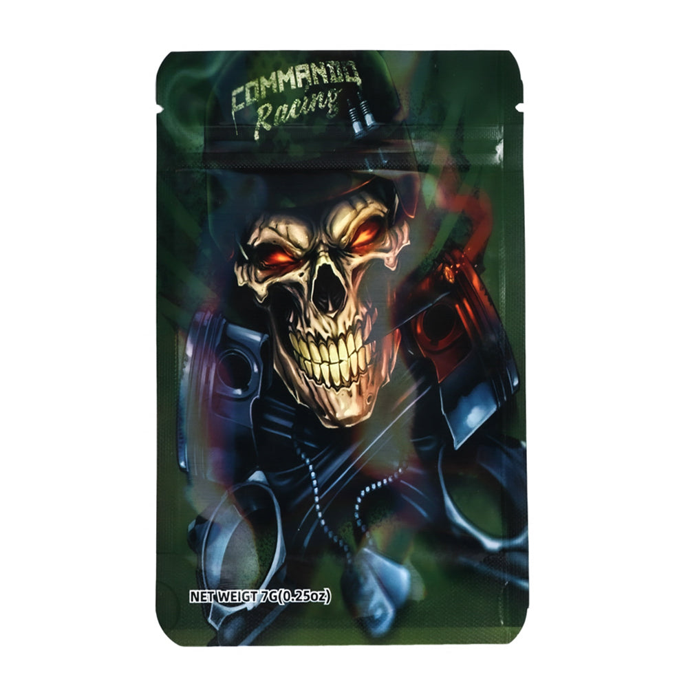 Mylar bag 7g, herb Mylar Bags, Where to buy mylar bags, Custom mylar bags near me, Mylar Bags Wholesale. Drug packaging with a skull design and 'Commando Racing' branding on a white background