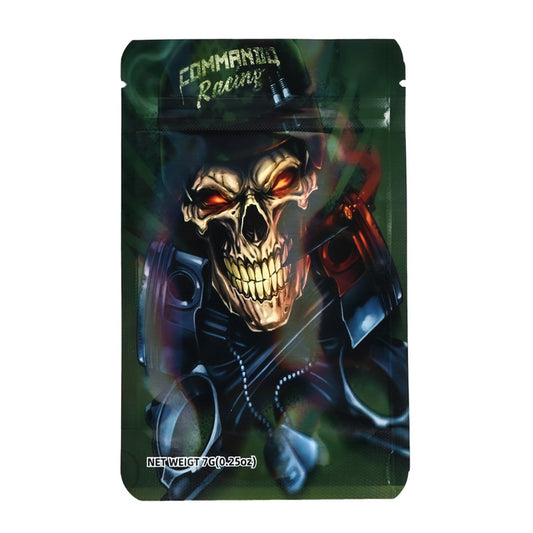 Mylar bag 7g, herb Mylar Bags, Where to buy mylar bags, Custom mylar bags near me, Mylar Bags Wholesale. Drug packaging with a skull design and 'Commando Racing' branding on a white background