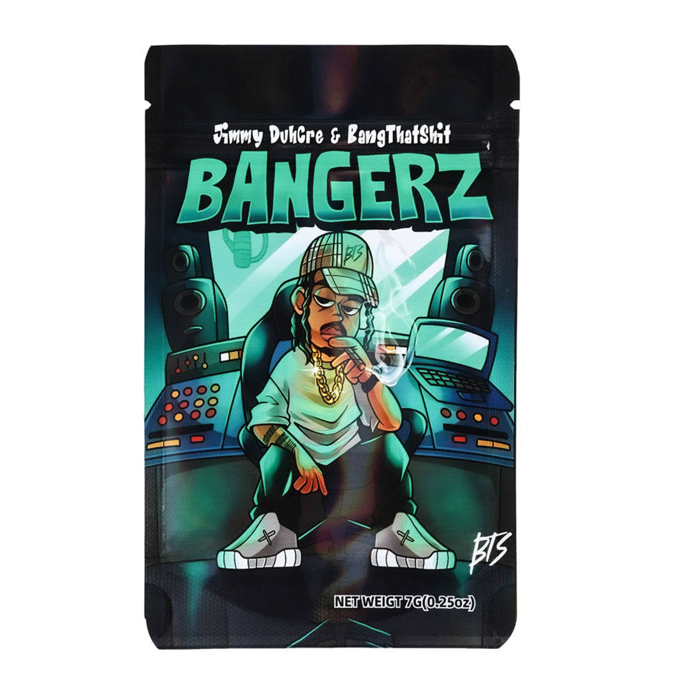 Mylar bag 7g, herb Mylar Bags, Where to buy mylar bags, Custom mylar bags near me, Mylar Bags Wholesale. Product packaging for 'Bangerz' with a person smoking a cigarette in a studio setting.