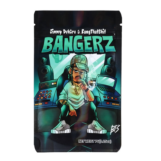 Mylar bag 7g, herb Mylar Bags, Where to buy mylar bags, Custom mylar bags near me, Mylar Bags Wholesale. Product packaging for 'Bangerz' with a person smoking a cigarette in a studio setting.