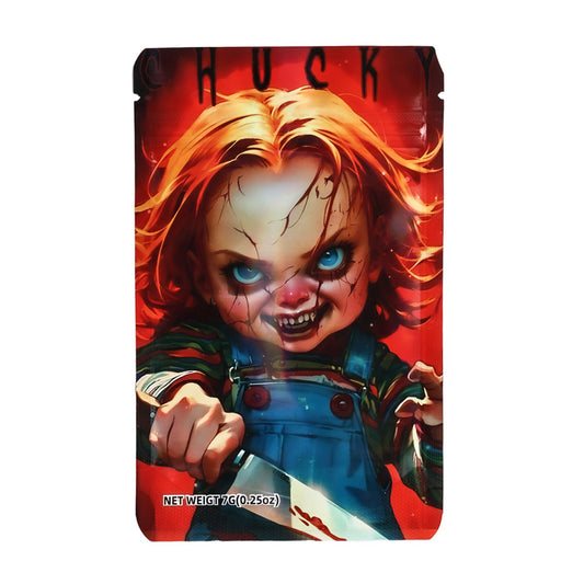 Mylar bag 7g, herb Mylar Bags, Where to buy mylar bags, Custom mylar bags near me, Mylar Bags Wholesale. Toy packaging with a character holding a knife on a red background