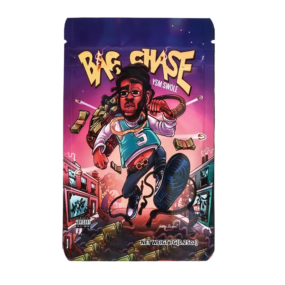 Mylar bag 7g, herb Mylar Bags, Where to buy mylar bags, Custom mylar bags near me, Mylar Bags Wholesale. Drug packaging with a stylized character and 'Bae Chase' branding on a colorful background