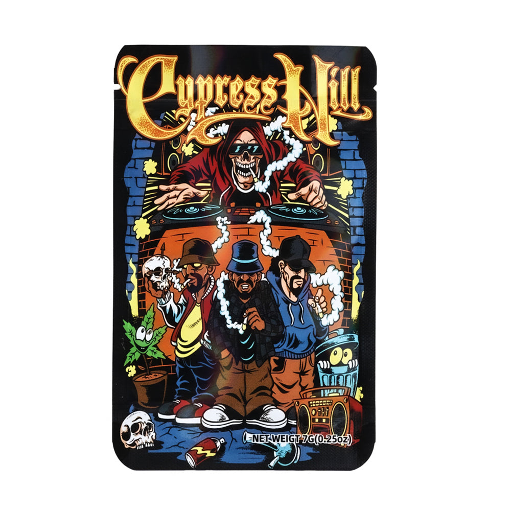 Mylar bag 7g, herb Mylar Bags, Where to buy mylar bags, Custom mylar bags near me, Mylar Bags Wholesale. Cypress Hill product packaging with illustration of characters and brand name.