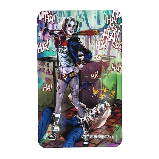 Mylar bag 7g, herb Mylar Bags, Where to buy mylar bags, Custom mylar bags near me, Mylar Bags Wholesale. Harley Quinn character on a colorful packaging design with 'HA!' text.