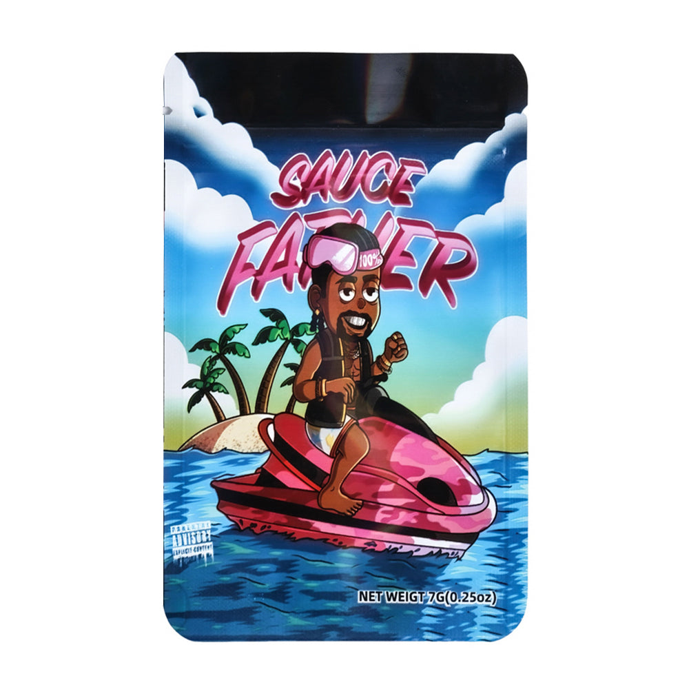 Mylar bag 7g, herb Mylar Bags, Where to buy mylar bags, Custom mylar bags near me, Mylar Bags Wholesale. Product packaging with a character on a jet ski and 'Sauce Father' text against a tropical background.