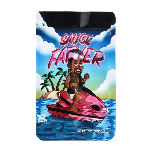 Mylar bag 7g, herb Mylar Bags, Where to buy mylar bags, Custom mylar bags near me, Mylar Bags Wholesale. Product packaging with a character on a jet ski and 'Sauce Father' text against a tropical background.