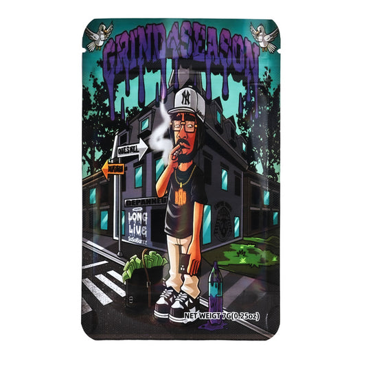 Mylar bag 7g, herb Mylar Bags, Where to buy mylar bags, Custom mylar bags near me, Mylar Bags Wholesale. Product packaging with a person smoking, 'Grind4Season' text, and street scene illustration.