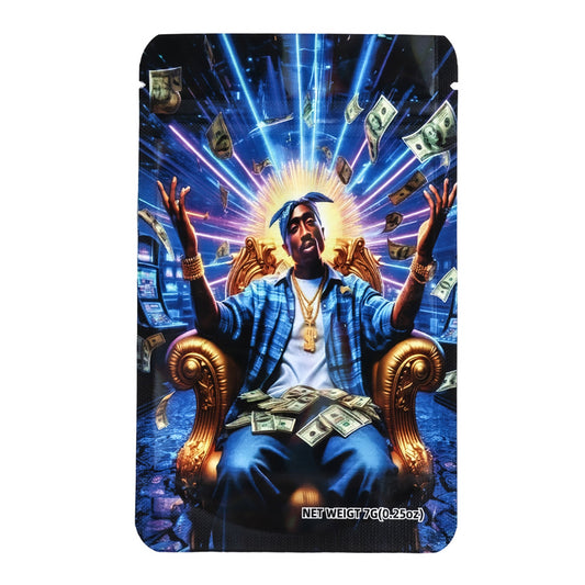 Mylar bag 7g, herb Mylar Bags, Where to buy mylar bags, Custom mylar bags near me, Mylar Bags Wholesale. Person on a throne with money around, surrounded by bright lights and dollar bills.