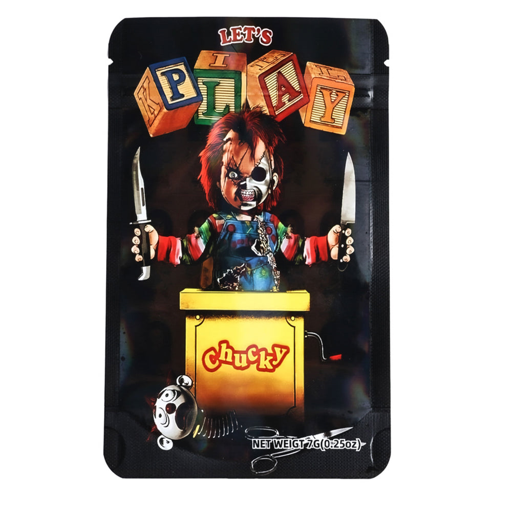 Mylar bag 7g, herb Mylar Bags, Where to buy mylar bags, Custom mylar bags near me, Mylar Bags Wholesale. Toy figure packaging with 'Chucky' character and colorful blocks on a black background