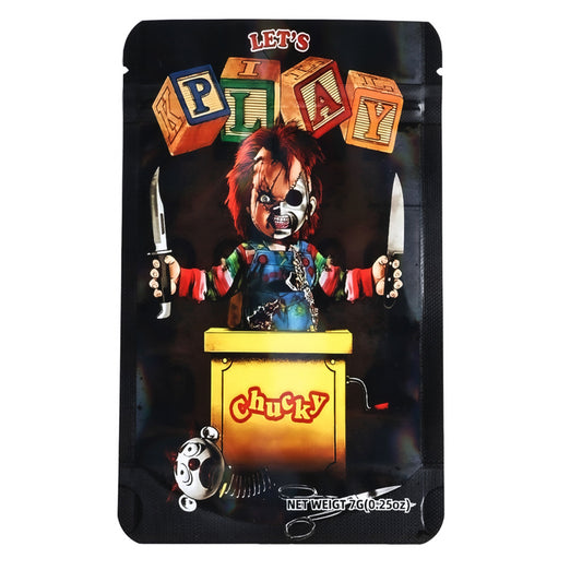 Mylar bag 7g, herb Mylar Bags, Where to buy mylar bags, Custom mylar bags near me, Mylar Bags Wholesale. Toy figure packaging with 'Chucky' character and colorful blocks on a black background