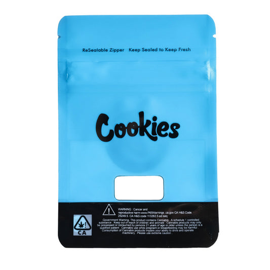 Mylar bag 7g, herb Mylar Bags, Where to buy mylar bags, Custom mylar bags near me, Mylar Bags Wholesale. Blue packaging with 'Cookies' branding on a white background