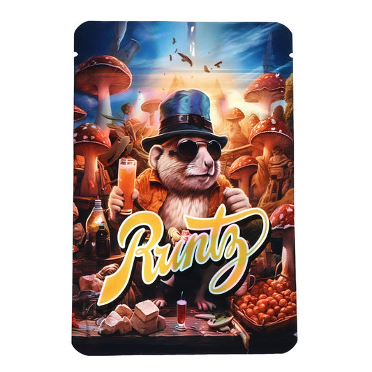 Mylar bag 7g, herb Mylar Bags, Where to buy mylar bags, Custom mylar bags near me, Mylar Bags Wholesale. Packaging design with a cartoon monkey holding a drink, surrounded by mushrooms and other elements, featuring the brand 'Runto'.