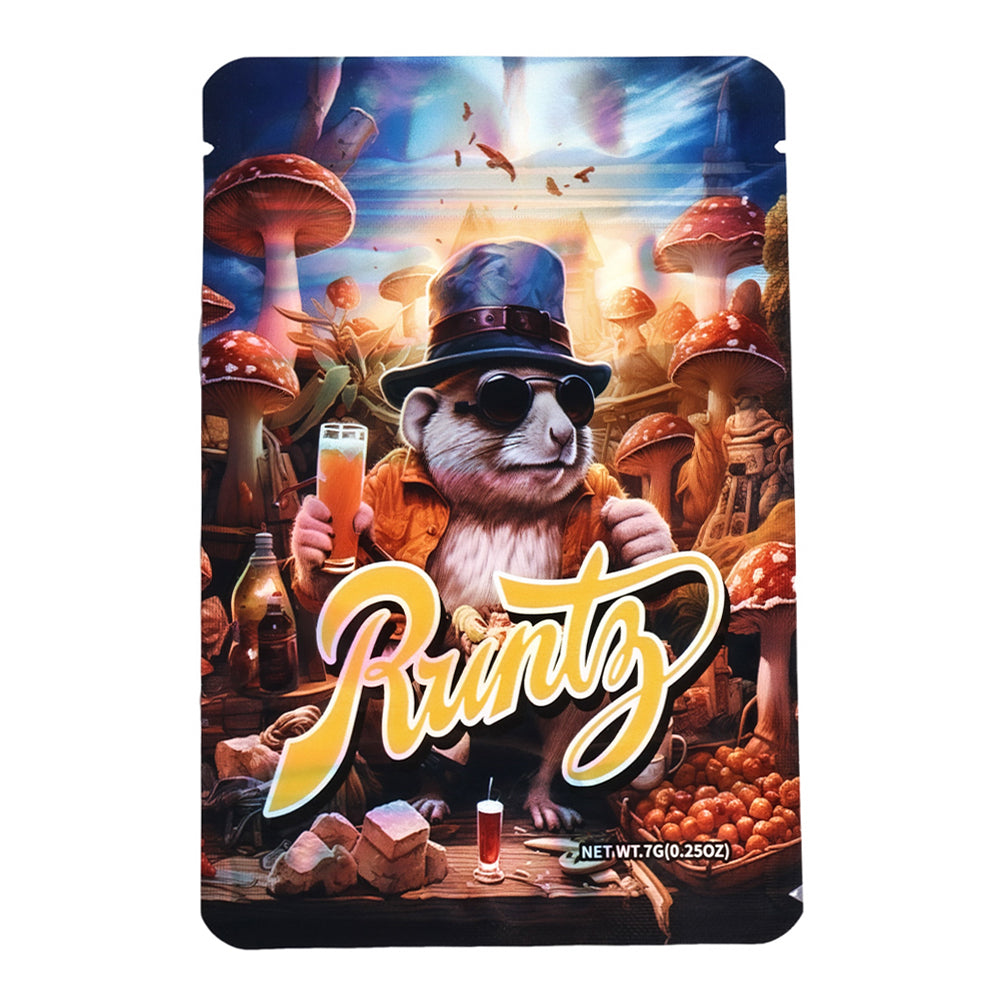 Mylar bag 7g, herb Mylar Bags, Where to buy mylar bags, Custom mylar bags near me, Mylar Bags Wholesale. Runtz herb product packaging with a cartoon rat holding a beer, surrounded by mushrooms and bottles.