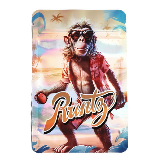 Mylar bag 7g, herb Mylar Bags, Where to buy mylar bags, Custom mylar bags near me, Mylar Bags Wholesale. Cartoon monkey with sunglasses and a red ball on a colorful background with 'Runto' branding.