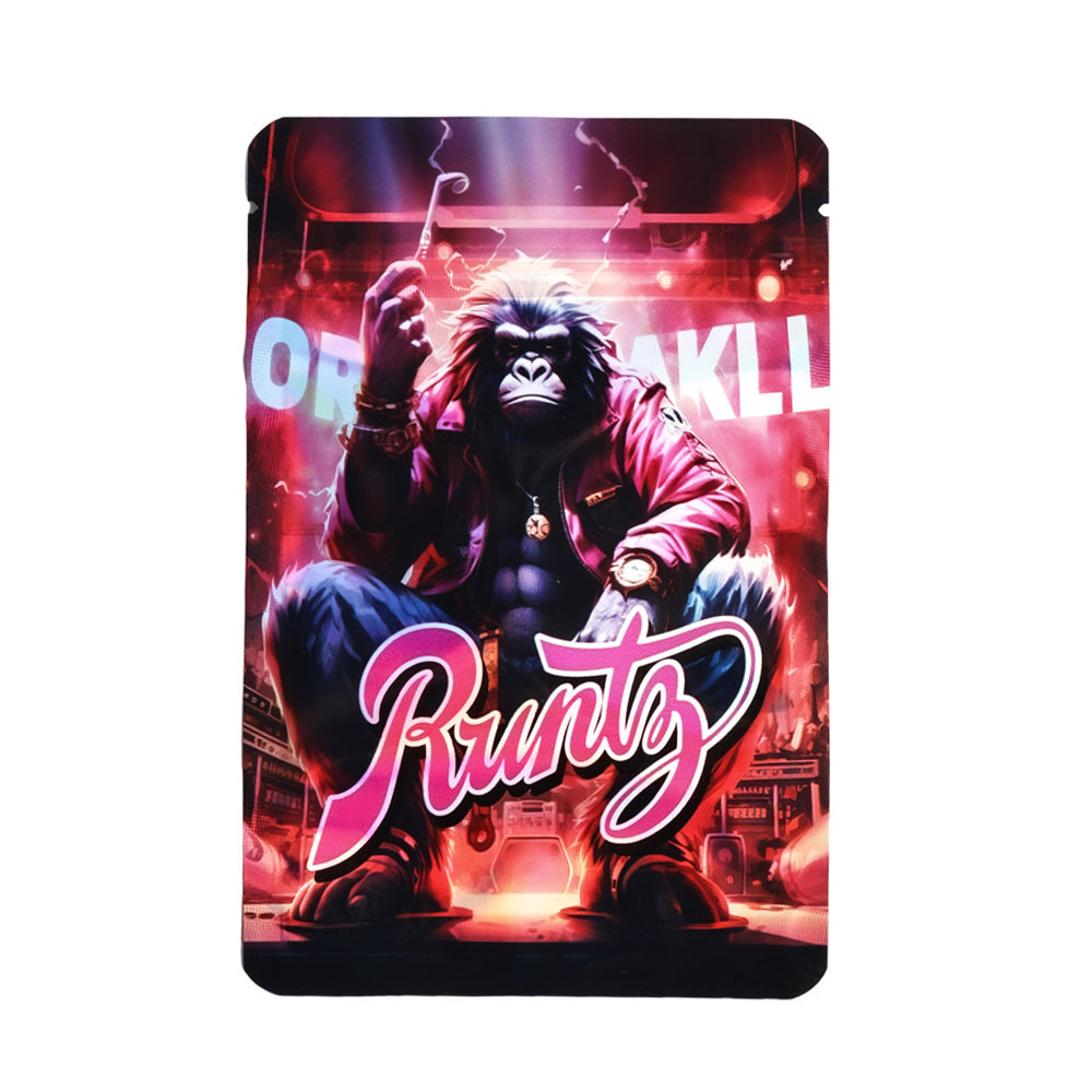 Mylar bag 7g, herb Mylar Bags, Where to buy mylar bags, Custom mylar bags near me, Mylar Bags Wholesale. Product packaging with a stylized monkey character and 'Runtz' branding on a vibrant background.