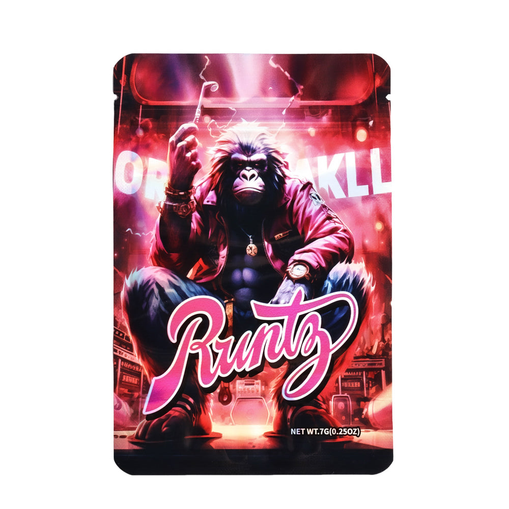 Mylar bag 7g, herb Mylar Bags, Where to buy mylar bags, Custom mylar bags near me, Mylar Bags Wholesale. Product packaging with a stylized monkey character and vibrant colors on a white background