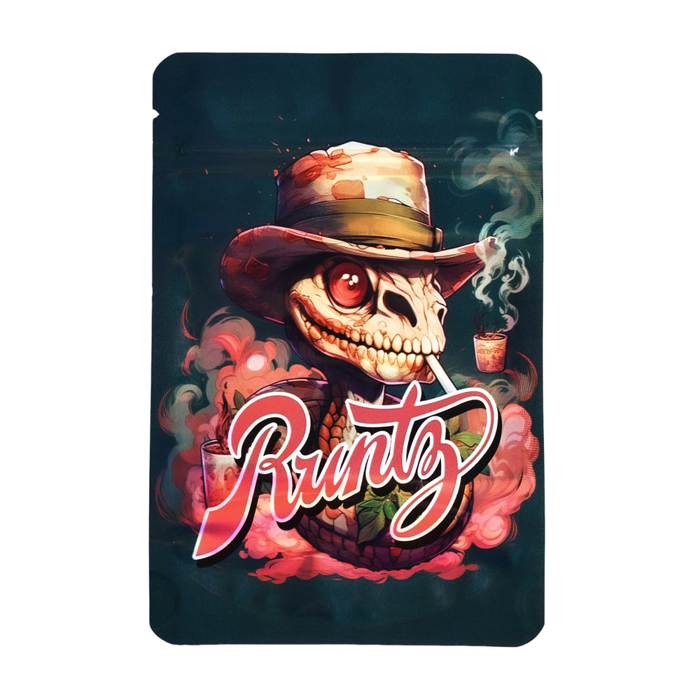Mylar bag 7g, herb Mylar Bags, Where to buy mylar bags, Custom mylar bags near me, Mylar Bags Wholesale. Skull with hat and smoking cup on a dark background with 'Runtz' branding.