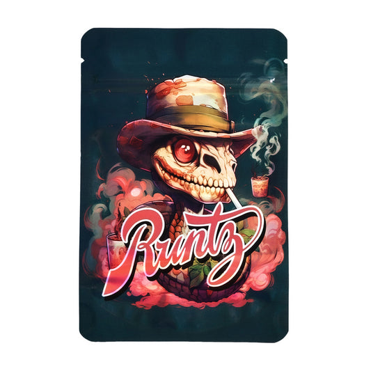 Mylar bag 7g, herb Mylar Bags, Where to buy mylar bags, Custom mylar bags near me, Mylar Bags Wholesale. Skull with hat and smoking cup on a dark background with 'Runtz' branding.