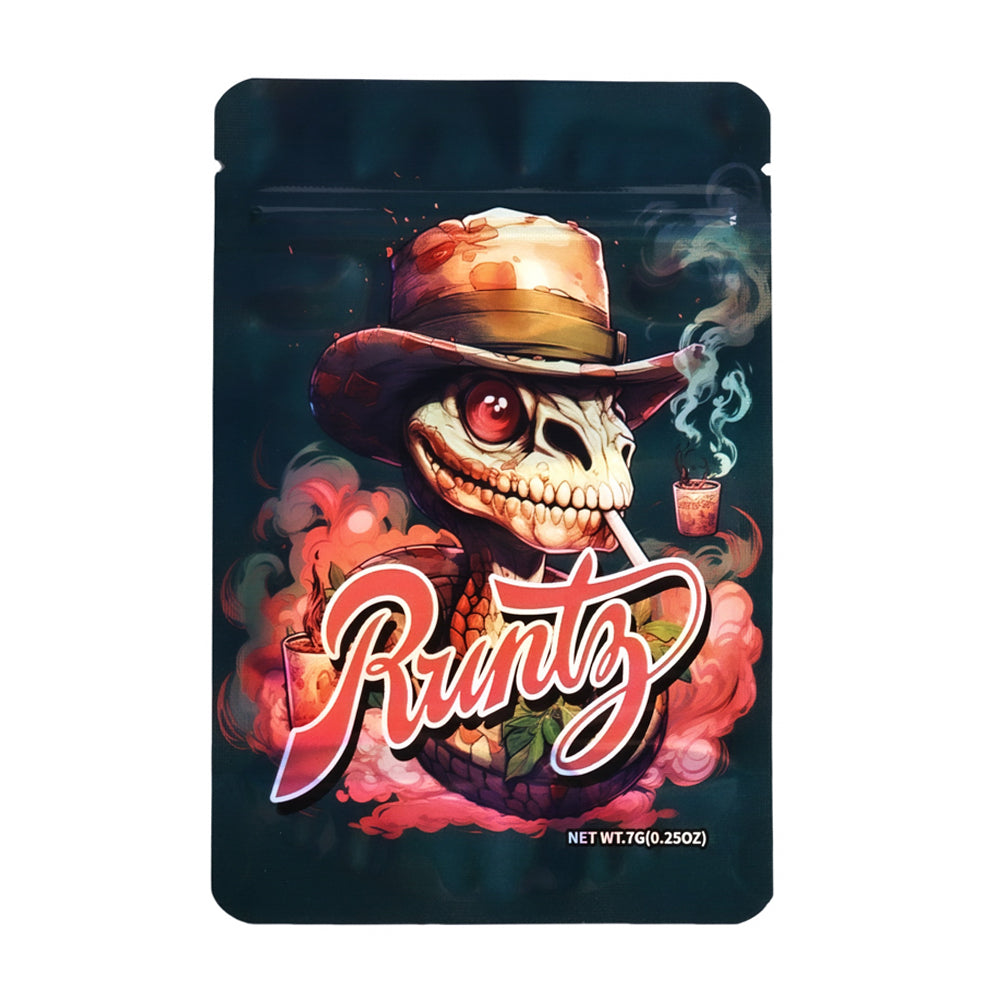 Mylar bag 7g, herb Mylar Bags, Where to buy mylar bags, Custom mylar bags near me, Mylar Bags Wholesale. Runtz herb packaging with a stylized skull wearing a hat and smoking a joint.