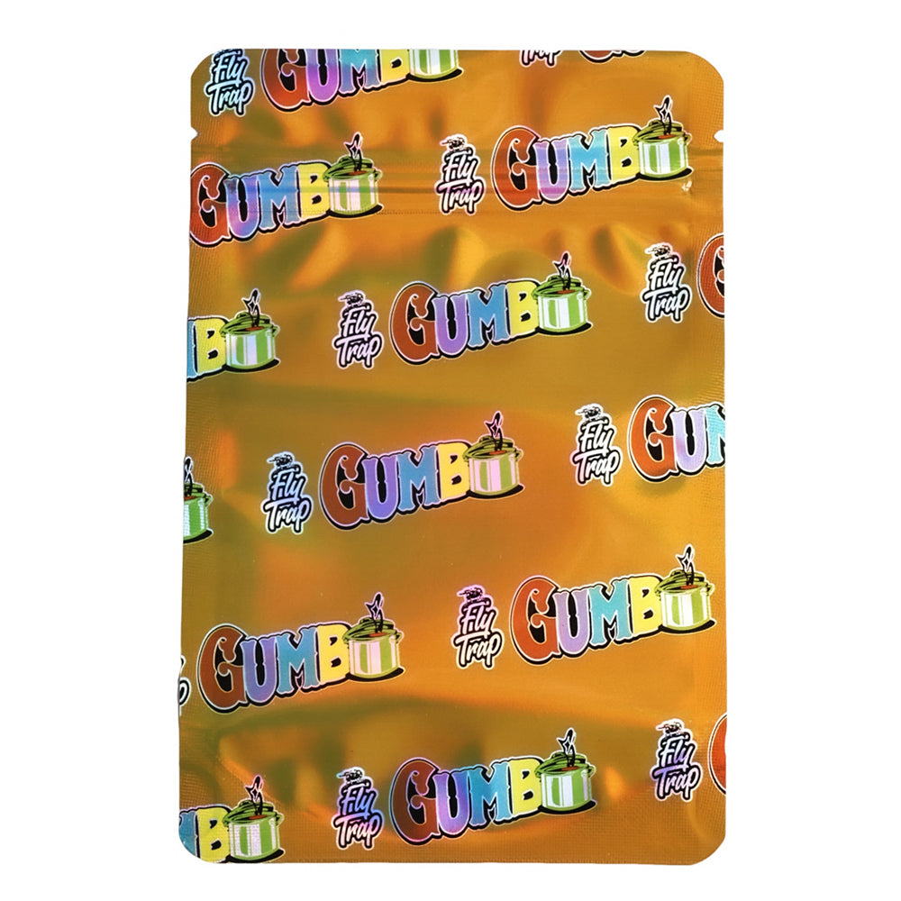 Mylar bag 7g, herb Mylar Bags, Where to buy mylar bags, Custom mylar bags near me, Mylar Bags Wholesale. Packaging of Filly Trap Gumbo with colorful branding on an orange background