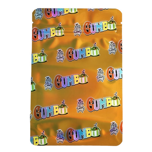 Mylar bag 7g, herb Mylar Bags, Where to buy mylar bags, Custom mylar bags near me, Mylar Bags Wholesale. Packaging of Filly Trap Gumbo with colorful branding on an orange background