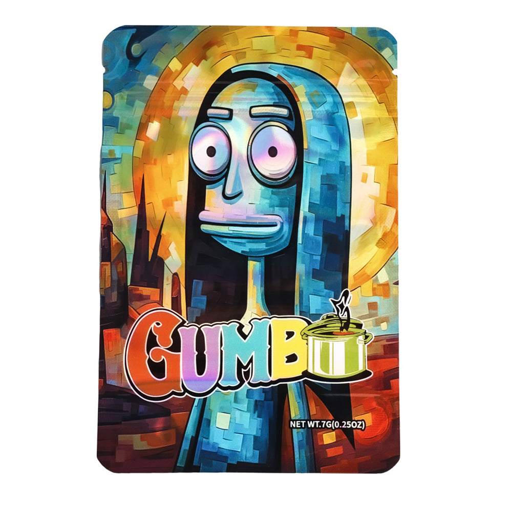 Mylar bag 7g, herb Mylar Bags, Where to buy mylar bags, Custom mylar bags near me, Mylar Bags Wholesale. Colorful packaging of Gumbo with a stylized character design on a white background