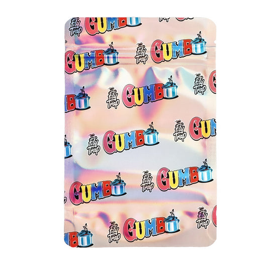 Mylar bag 7g, herb Mylar Bags, Where to buy mylar bags, Custom mylar bags near me, Mylar Bags Wholesale. Packaging with 'Gumbo' branding on a colorful background