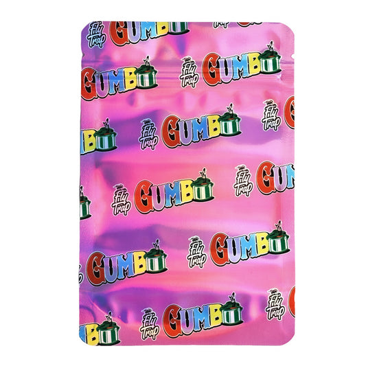 Mylar bag 7g, herb Mylar Bags, Where to buy mylar bags, Custom mylar bags near me, Mylar Bags Wholesale. Pink packaging with colorful 'Gumbo' text and logo on a white background