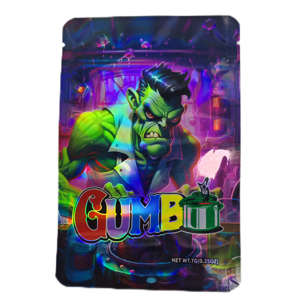 Mylar bag 7g, herb Mylar Bags, Where to buy mylar bags, Custom mylar bags near me, Mylar Bags Wholesale. Colorful packaging of Gumbi with a character design on a white background