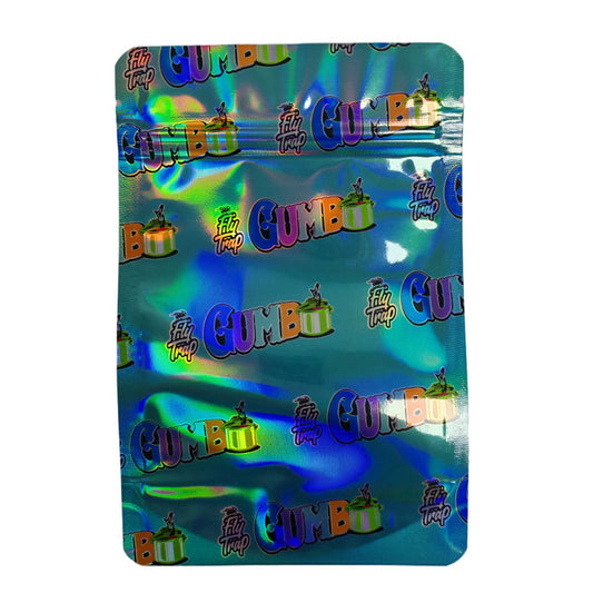 Mylar bag 7g, herb Mylar Bags, Where to buy mylar bags, Custom mylar bags near me, Mylar Bags Wholesale. Holographic packaging with 'Gumbo' branding on a white background