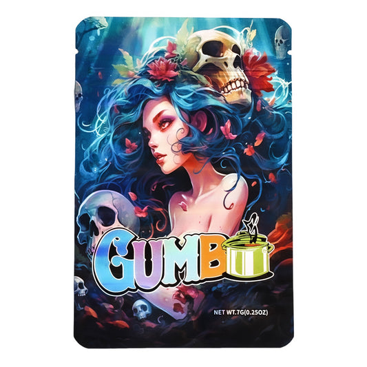 Mylar bag 7g, herb Mylar Bags, Where to buy mylar bags, Custom mylar bags near me, Mylar Bags Wholesale. Gumbo product packaging with a colorful design featuring a woman with blue hair and skulls.