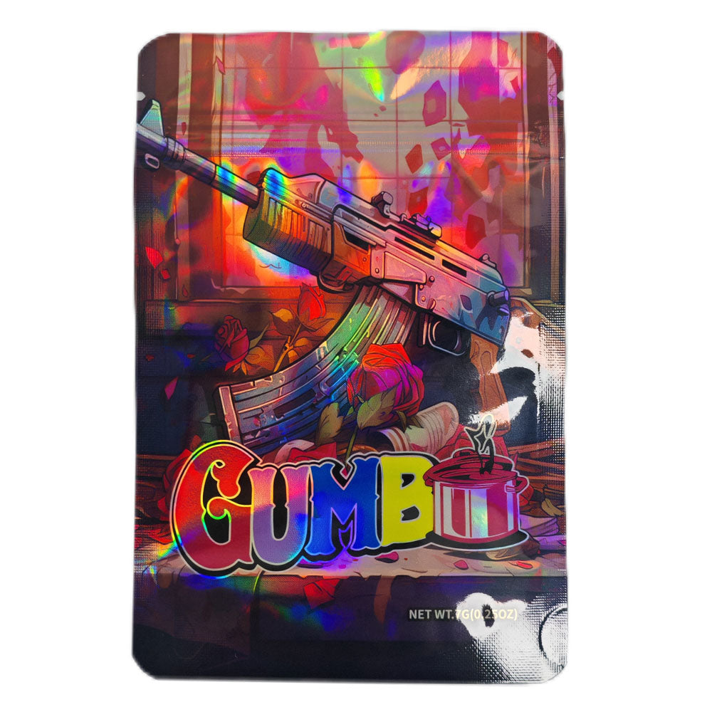 Mylar bag 7g, herb Mylar Bags, Where to buy mylar bags, Custom mylar bags near me, Mylar Bags Wholesale. Colorful packaging with a gun illustration and 'Gumb' branding on a white background