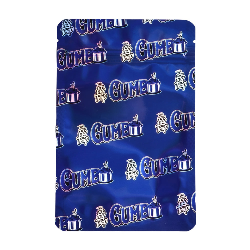 Mylar bag 7g, herb Mylar Bags, Where to buy mylar bags, Custom mylar bags near me, Mylar Bags Wholesale. Blue satin fabric with 'Gumbo' logo pattern on a white background